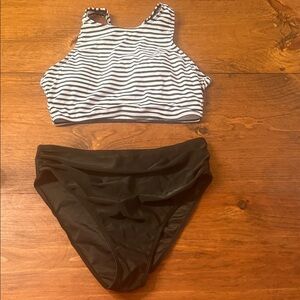 Women’s  Two-Piece Swim Set - Black Bottoms with White & BlackStripe Top